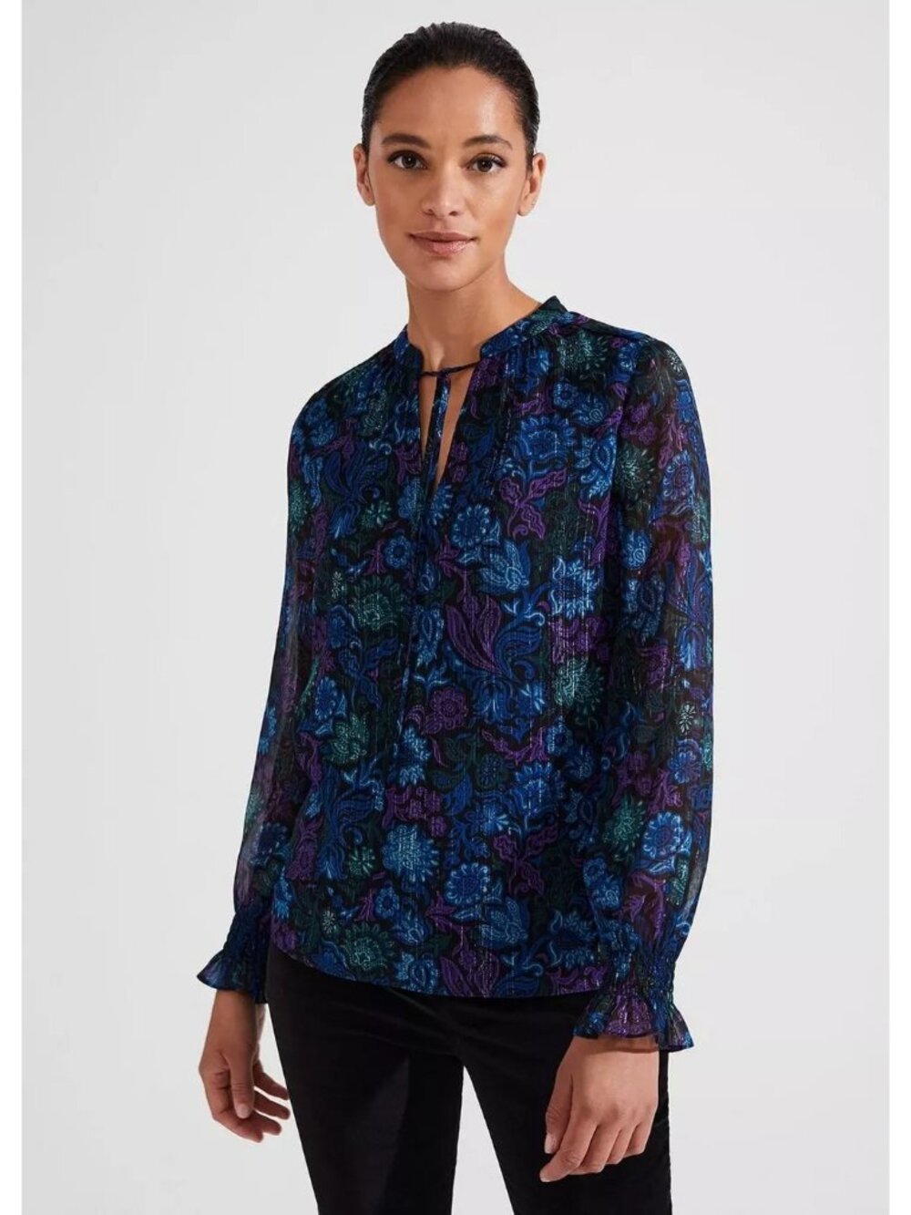 Hobbs London Aisha Lurex Blouse Womens 8 Floral Sheer Blouse Long Sleeve (J702)